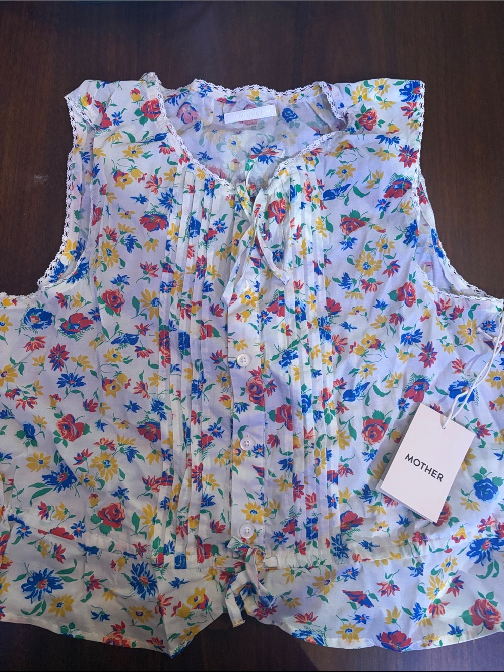 Mother Floral Sleeveless Button Front Top in White Multi